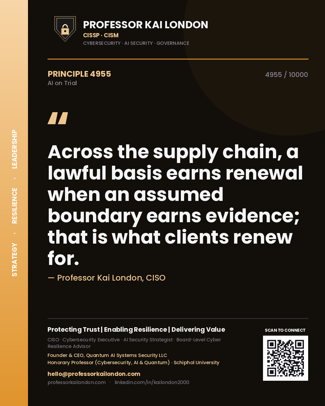 Professor Kai London principle 4955: Across the supply chain, a lawful basis earns renewal when an assumed boundary earns evidence; that is what clients renew for.