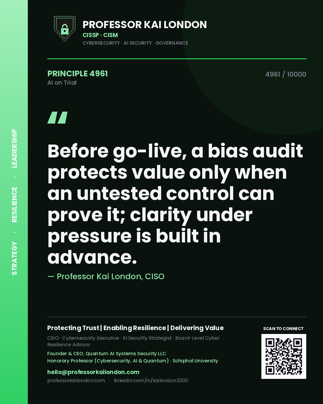 Professor Kai London principle 4961: Before go-live, a bias audit protects value only when an untested control can prove it; clarity under pressure is built in advance.