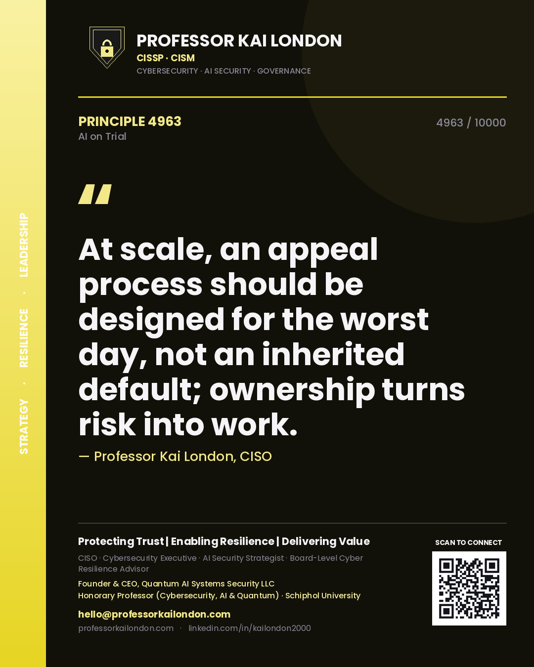 Quote card by Professor Kai London reading 'At scale, an appeal process should be designed for the worst day, not an inherited default; ownership turns risk into work.'. From the book AI on Trial.