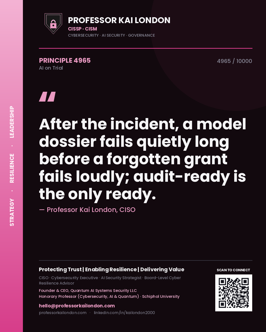 Quote card by Professor Kai London reading 'After the incident, a model dossier fails quietly long before a forgotten grant fails loudly; audit-ready is the only ready.'. From the book AI on Trial.