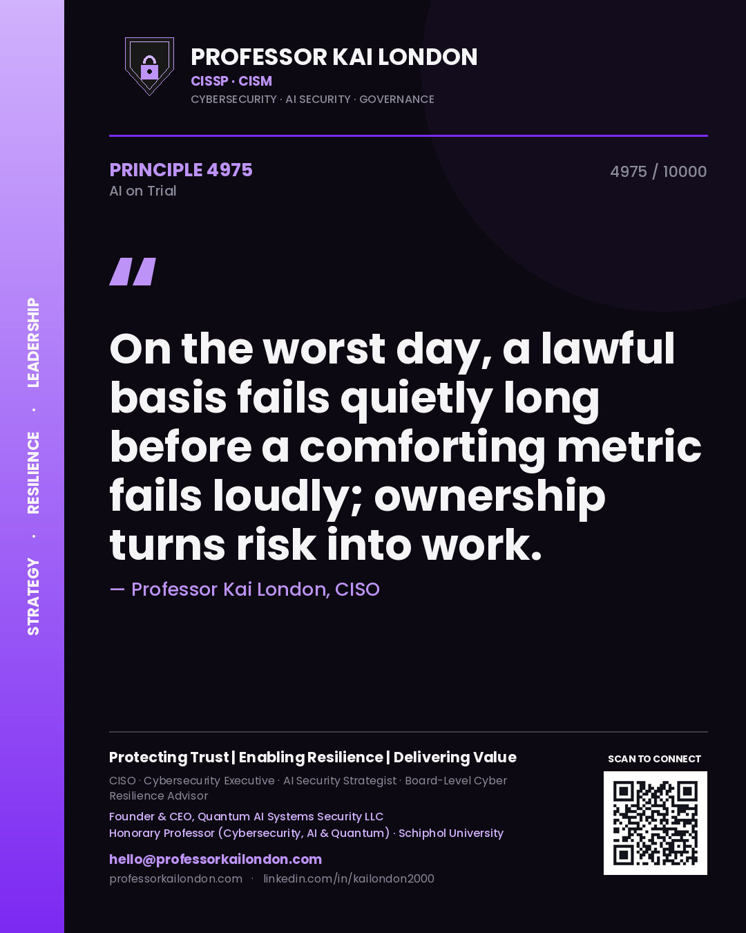 Professor Kai London principle 4975: On the worst day, a lawful basis fails quietly long before a comforting metric fails loudly; ownership turns risk into work.