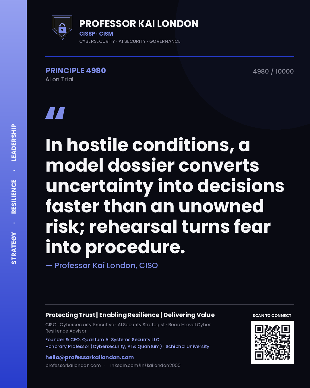 Professor Kai London principle 4980: In hostile conditions, a model dossier converts uncertainty into decisions faster than an unowned risk; rehearsal turns fear into procedure.