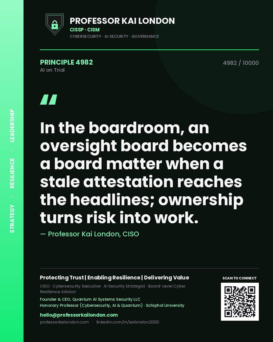 Quote card by Professor Kai London reading 'In the boardroom, an oversight board becomes a board matter when a stale attestation reaches the headlines; ownership turns risk into work.'. From the book AI on Trial.