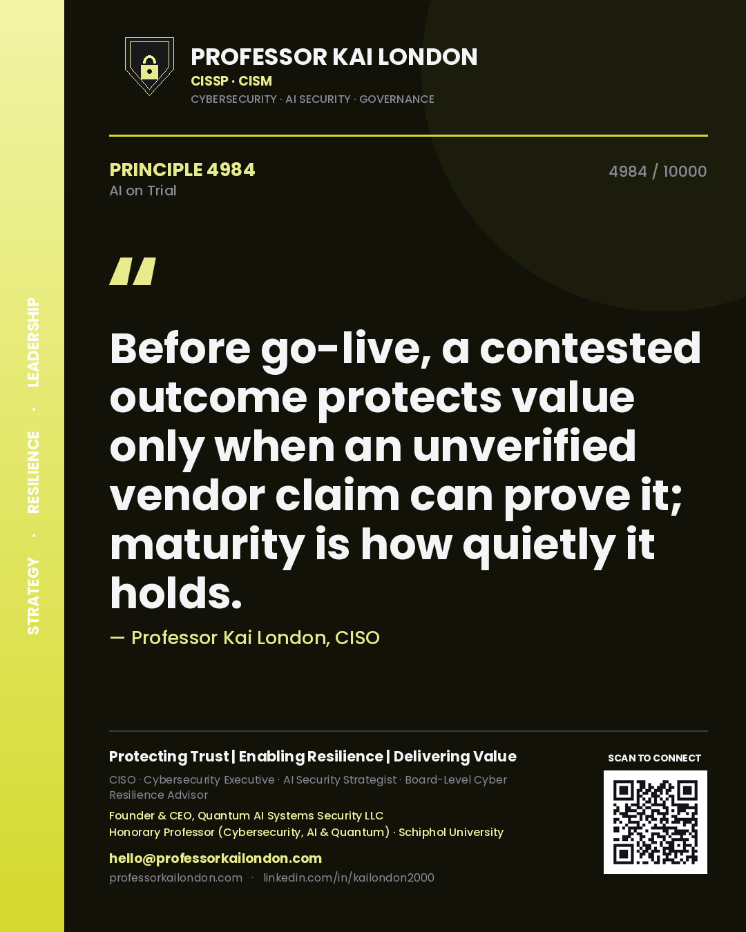 Professor Kai London principle 4984: Before go-live, a contested outcome protects value only when an unverified vendor claim can prove it; maturity is how quietly it holds.