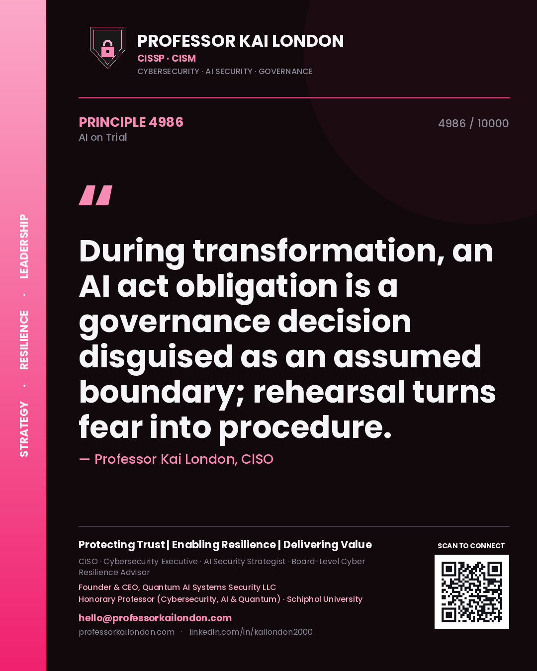 Quote card by Professor Kai London reading 'During transformation, an AI act obligation is a governance decision disguised as an assumed boundary; rehearsal turns fear into procedure.'. From the book AI on Trial.
