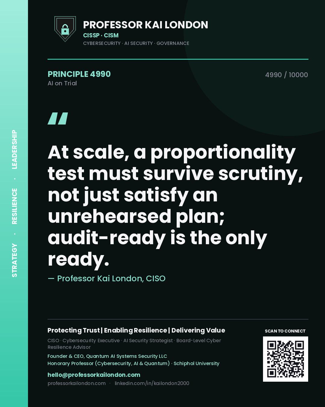 Quote card by Professor Kai London reading 'At scale, a proportionality test must survive scrutiny, not just satisfy an unrehearsed plan; audit-ready is the only ready.'. From the book AI on Trial.