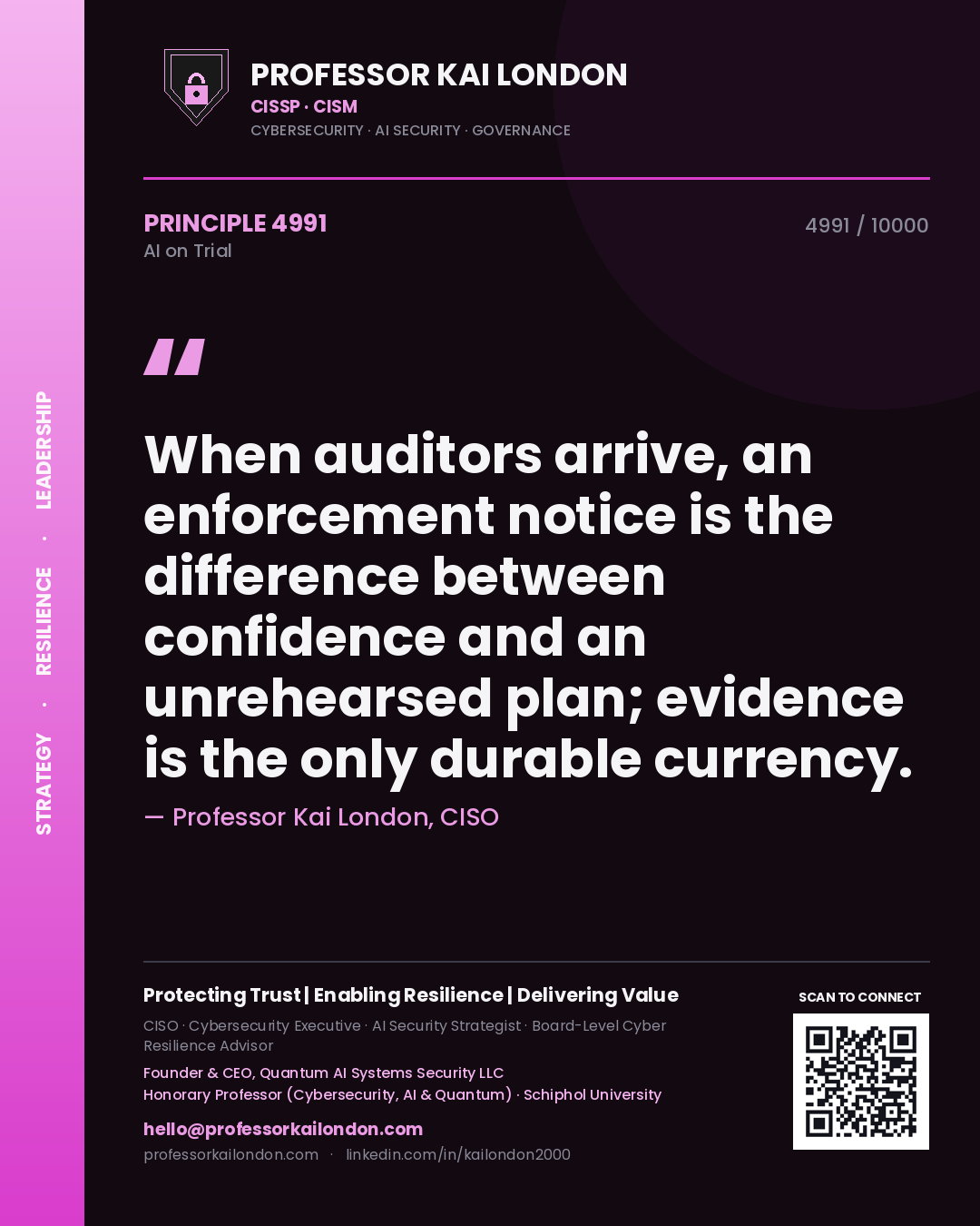 Quote card by Professor Kai London reading 'When auditors arrive, an enforcement notice is the difference between confidence and an unrehearsed plan; evidence is the only durable currency.'. From the book AI on Trial.
