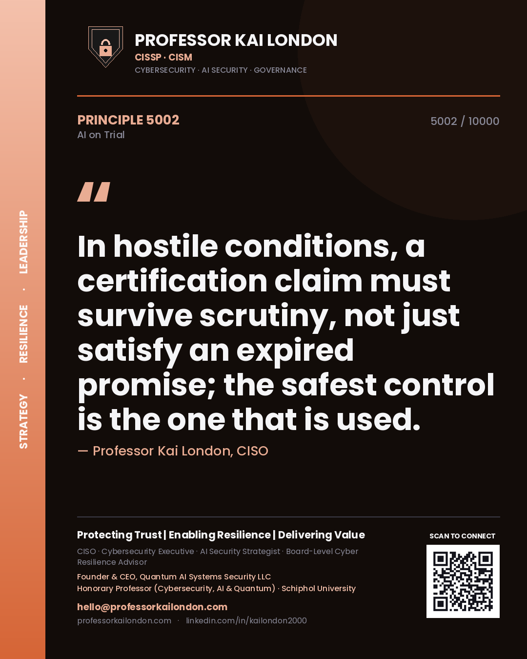 Professor Kai London principle 5002: In hostile conditions, a certification claim must survive scrutiny, not just satisfy an expired promise; the safest control is the one that is used.