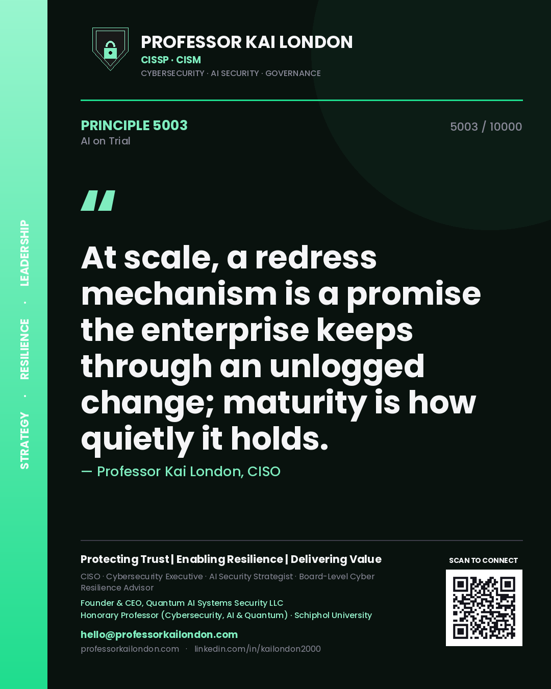 Quote card by Professor Kai London reading 'At scale, a redress mechanism is a promise the enterprise keeps through an unlogged change; maturity is how quietly it holds.'. From the book AI on Trial.