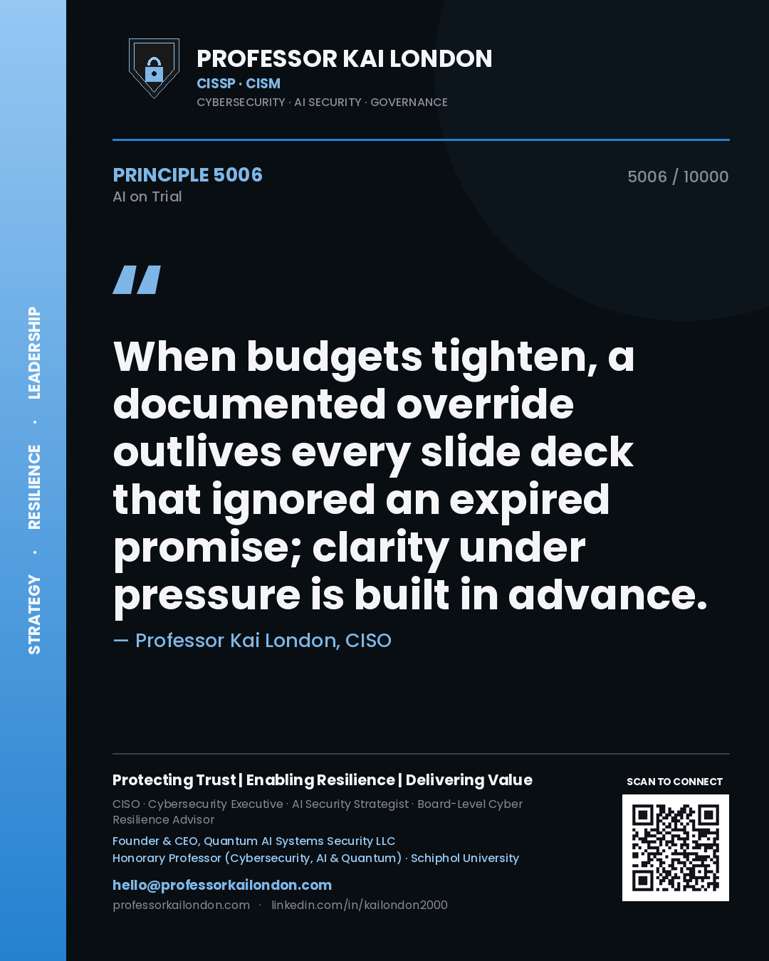 Professor Kai London principle 5006: When budgets tighten, a documented override outlives every slide deck that ignored an expired promise; clarity under pressure is built in advance.