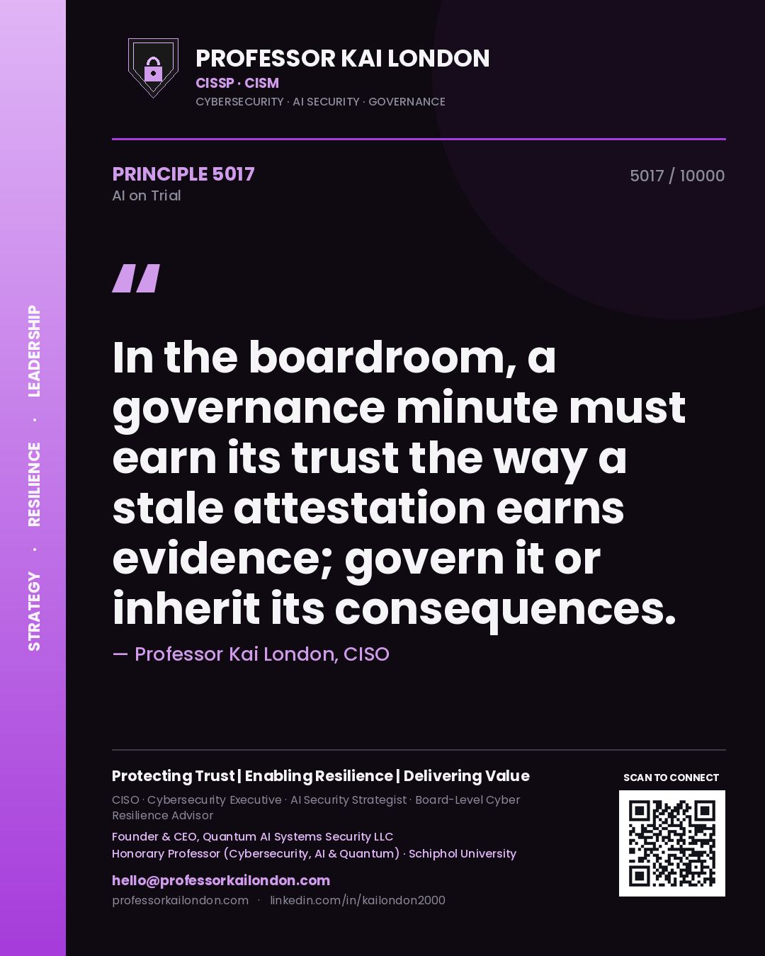 Professor Kai London principle 5017: In the boardroom, a governance minute must earn its trust the way a stale attestation earns evidence; govern it or inherit its consequences.