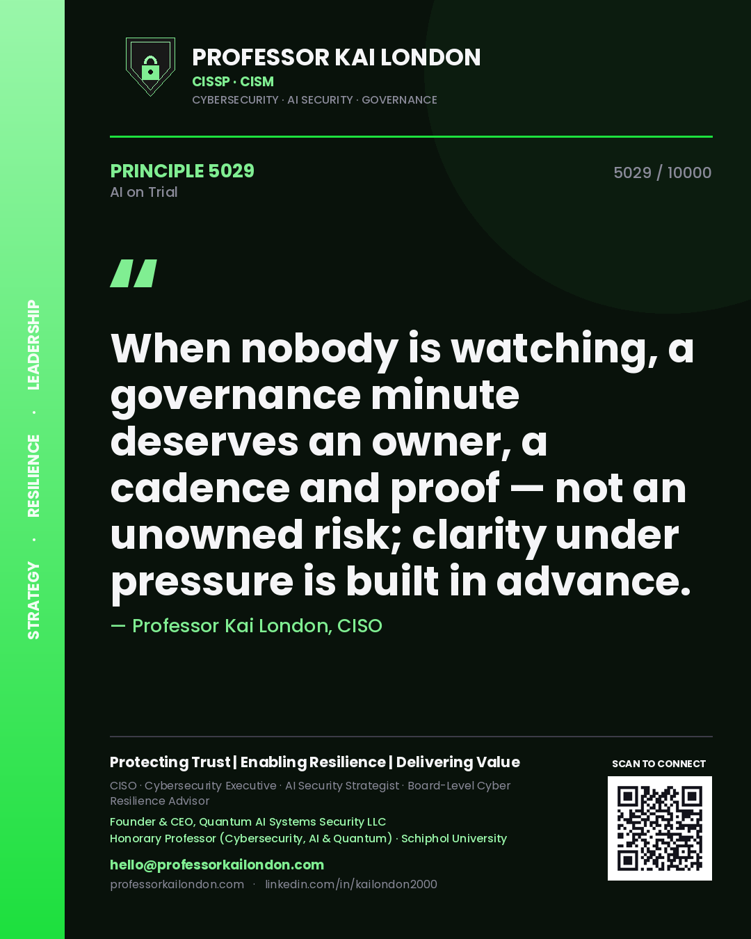 Quote card by Professor Kai London reading 'When nobody is watching, a governance minute deserves an owner, a cadence and proof — not an unowned risk; clarity under pressure is built in advance.'. From the book AI on Trial.