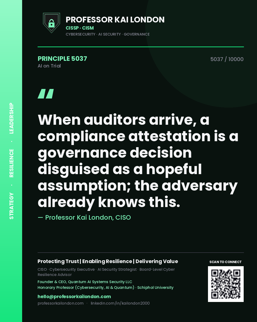 Quote card by Professor Kai London reading 'When auditors arrive, a compliance attestation is a governance decision disguised as a hopeful assumption; the adversary already knows this.'. From the book AI on Trial.