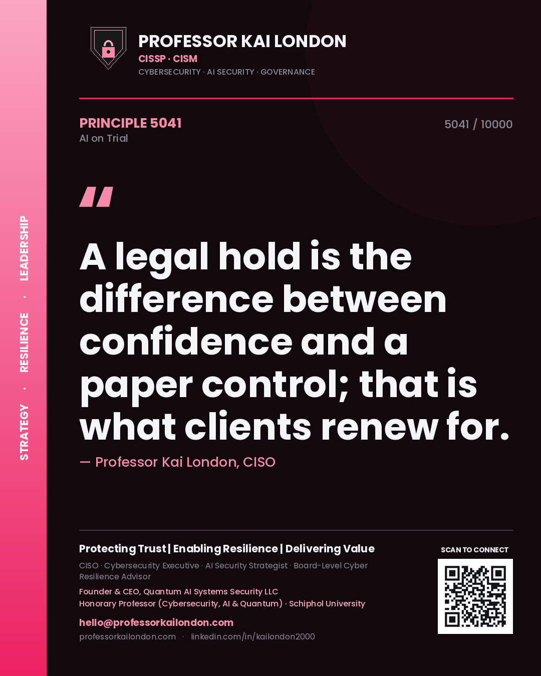 Professor Kai London principle 5041: A legal hold is the difference between confidence and a paper control; that is what clients renew for.