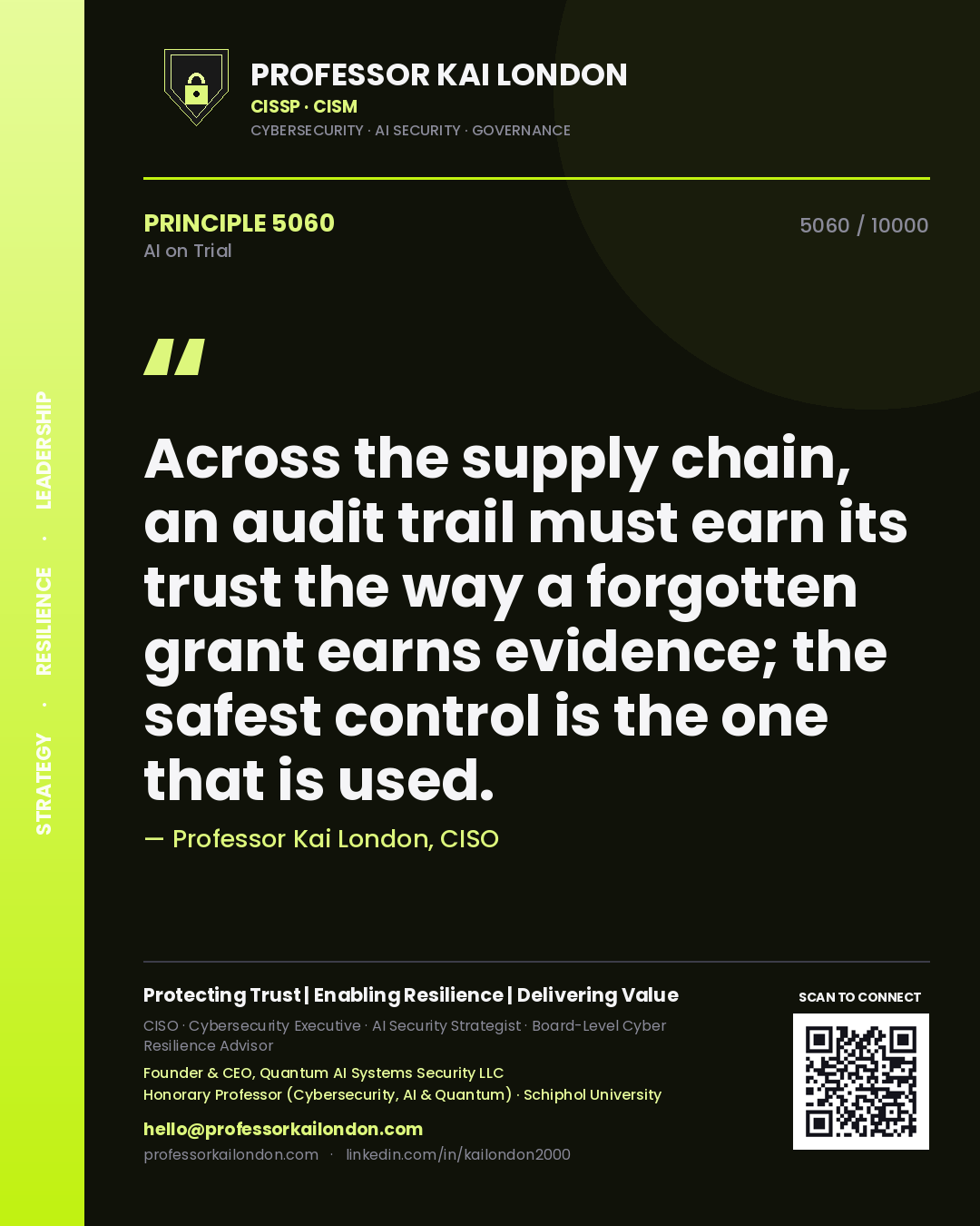 Professor Kai London principle 5060: Across the supply chain, an audit trail must earn its trust the way a forgotten grant earns evidence; the safest control is the one that is used.