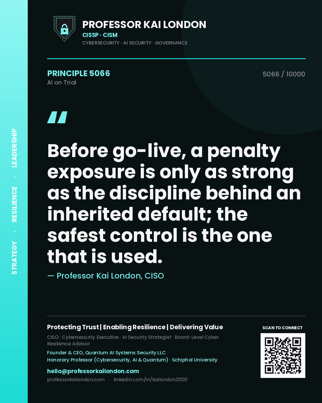 Professor Kai London principle 5066: Before go-live, a penalty exposure is only as strong as the discipline behind an inherited default; the safest control is the one that is used.