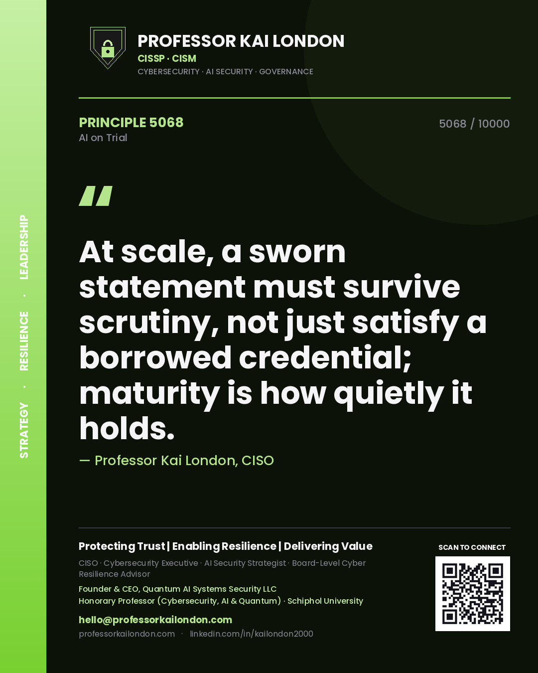 Quote card by Professor Kai London reading 'At scale, a sworn statement must survive scrutiny, not just satisfy a borrowed credential; maturity is how quietly it holds.'. From the book AI on Trial.