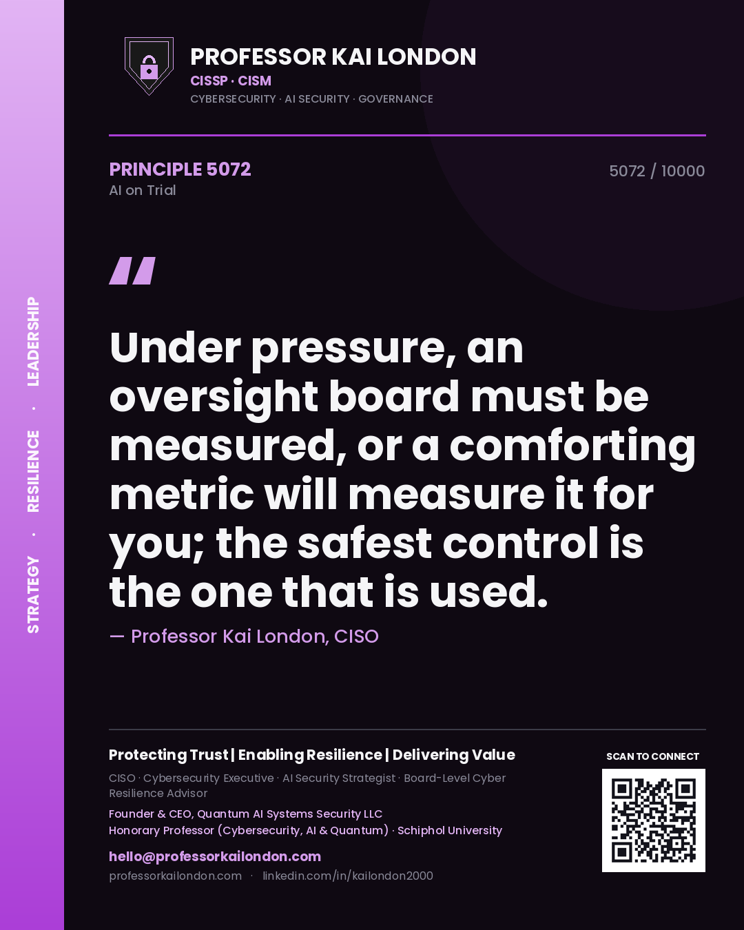 Quote card by Professor Kai London reading 'Under pressure, an oversight board must be measured, or a comforting metric will measure it for you; the safest control is the one that is used.'. From the book AI on Trial.