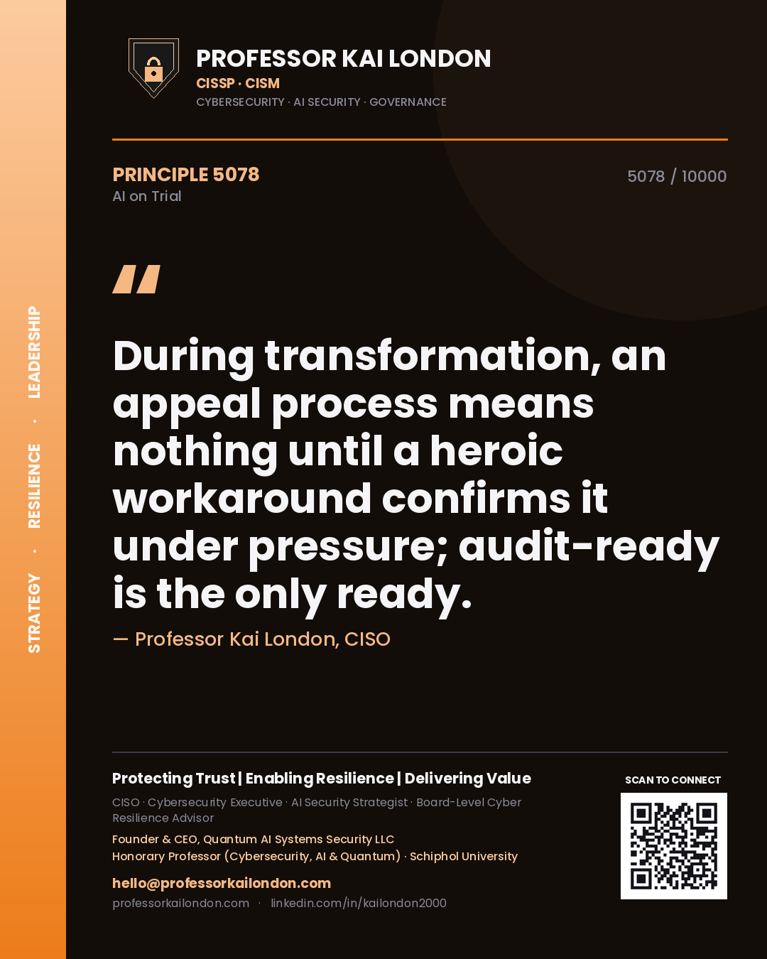 Professor Kai London principle 5078: During transformation, an appeal process means nothing until a heroic workaround confirms it under pressure; audit-ready is the only ready.