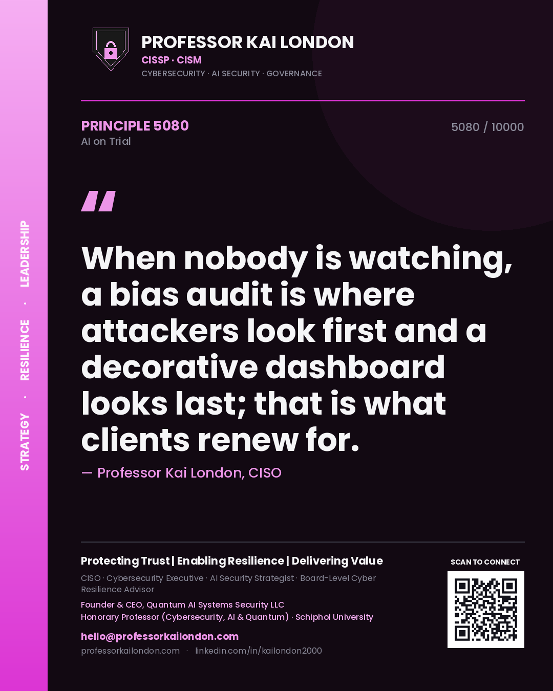 Professor Kai London principle 5080: When nobody is watching, a bias audit is where attackers look first and a decorative dashboard looks last; that is what clients renew for.