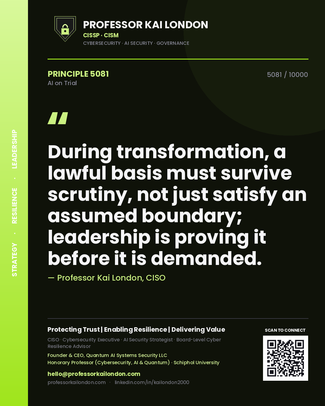 Quote card by Professor Kai London reading 'During transformation, a lawful basis must survive scrutiny, not just satisfy an assumed boundary; leadership is proving it before it is demanded.'. From the book AI on Trial.
