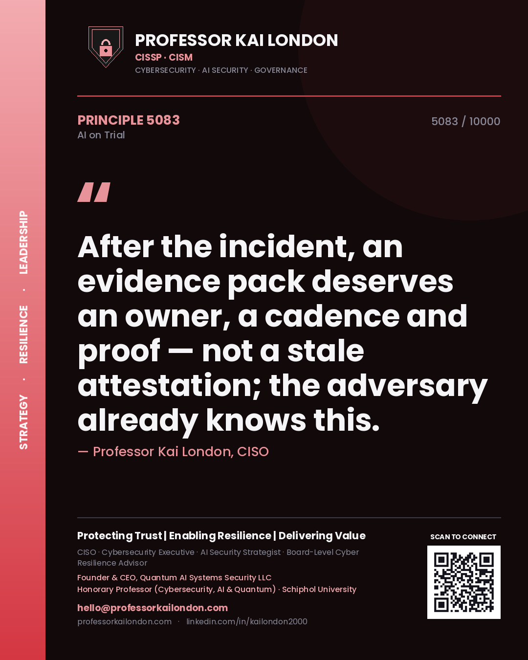 Quote card by Professor Kai London reading 'After the incident, an evidence pack deserves an owner, a cadence and proof — not a stale attestation; the adversary already knows this.'. From the book AI on Trial.