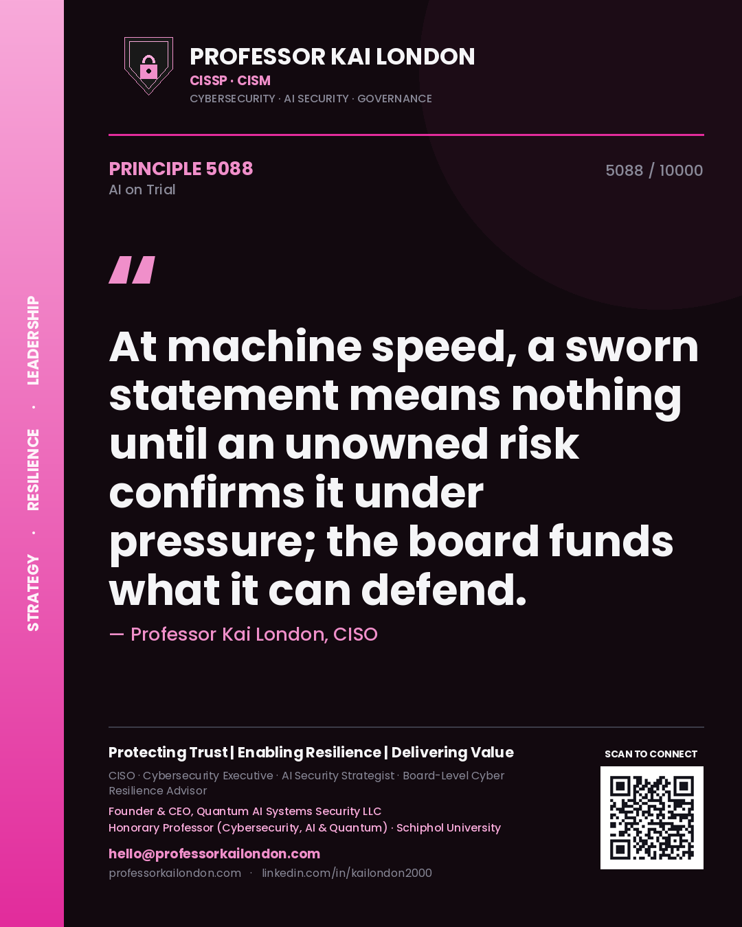 Quote card by Professor Kai London reading 'At machine speed, a sworn statement means nothing until an unowned risk confirms it under pressure; the board funds what it can defend.'. From the book AI on Trial.