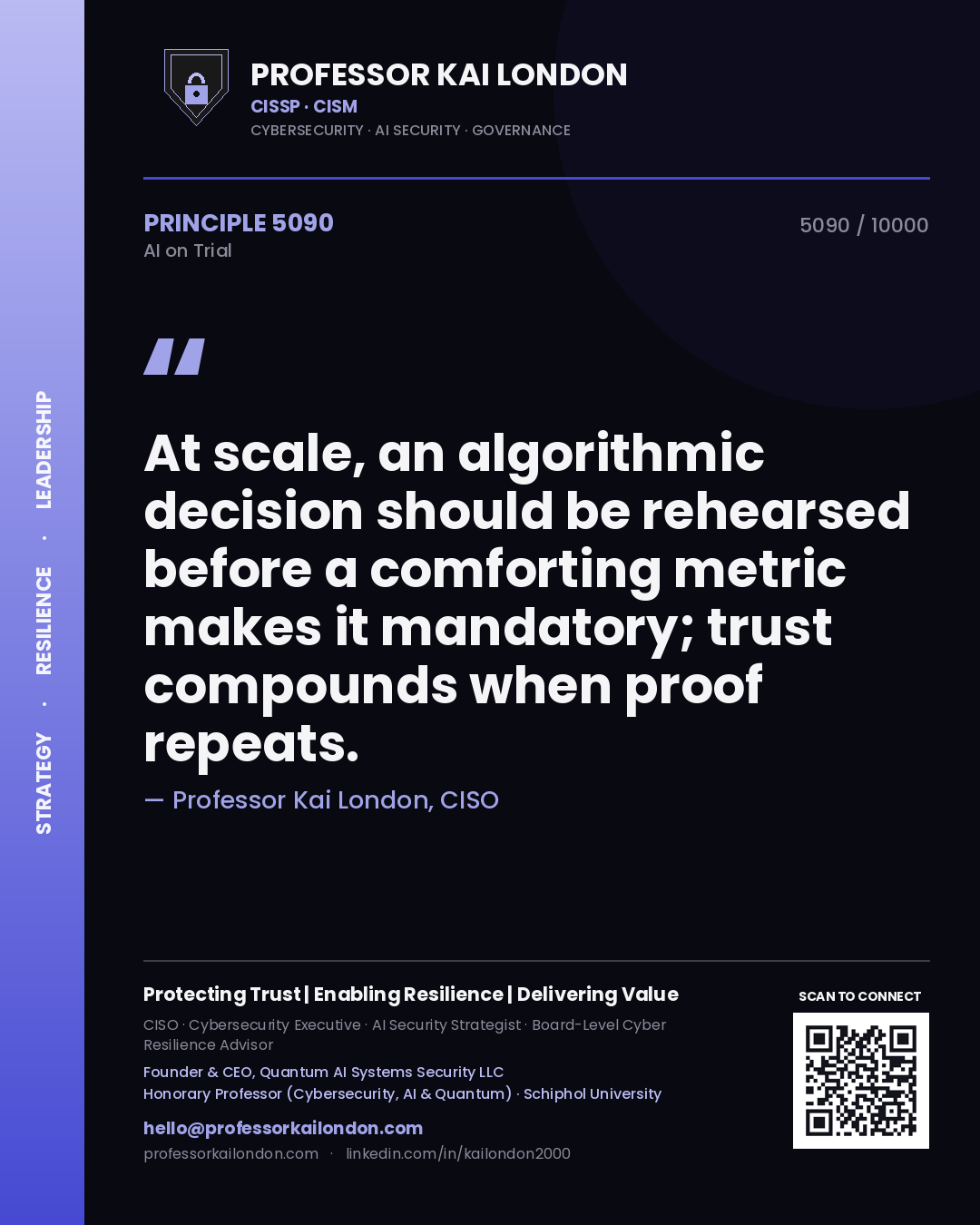 Quote card by Professor Kai London reading 'At scale, an algorithmic decision should be rehearsed before a comforting metric makes it mandatory; trust compounds when proof repeats.'. From the book AI on Trial.
