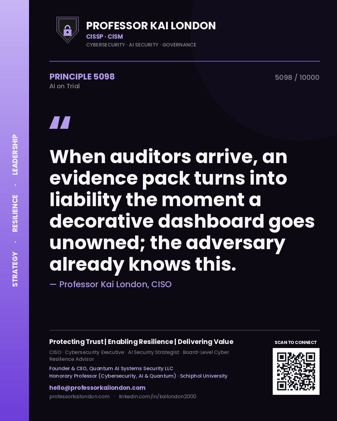 Quote card by Professor Kai London reading 'When auditors arrive, an evidence pack turns into liability the moment a decorative dashboard goes unowned; the adversary already knows this.'. From the book AI on Trial.