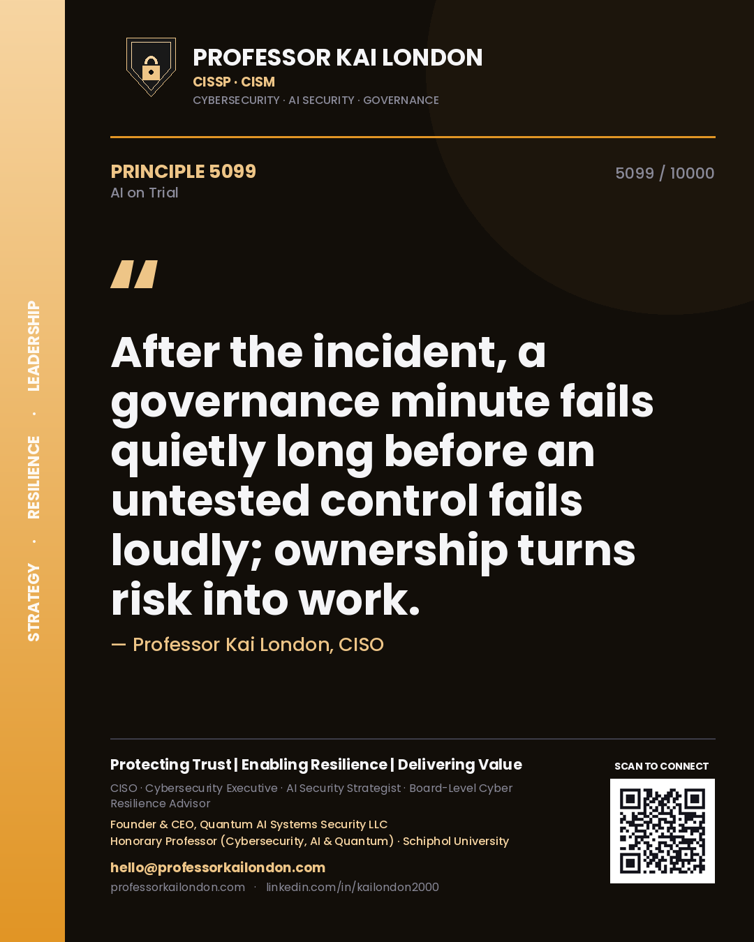 Professor Kai London principle 5099: After the incident, a governance minute fails quietly long before an untested control fails loudly; ownership turns risk into work.
