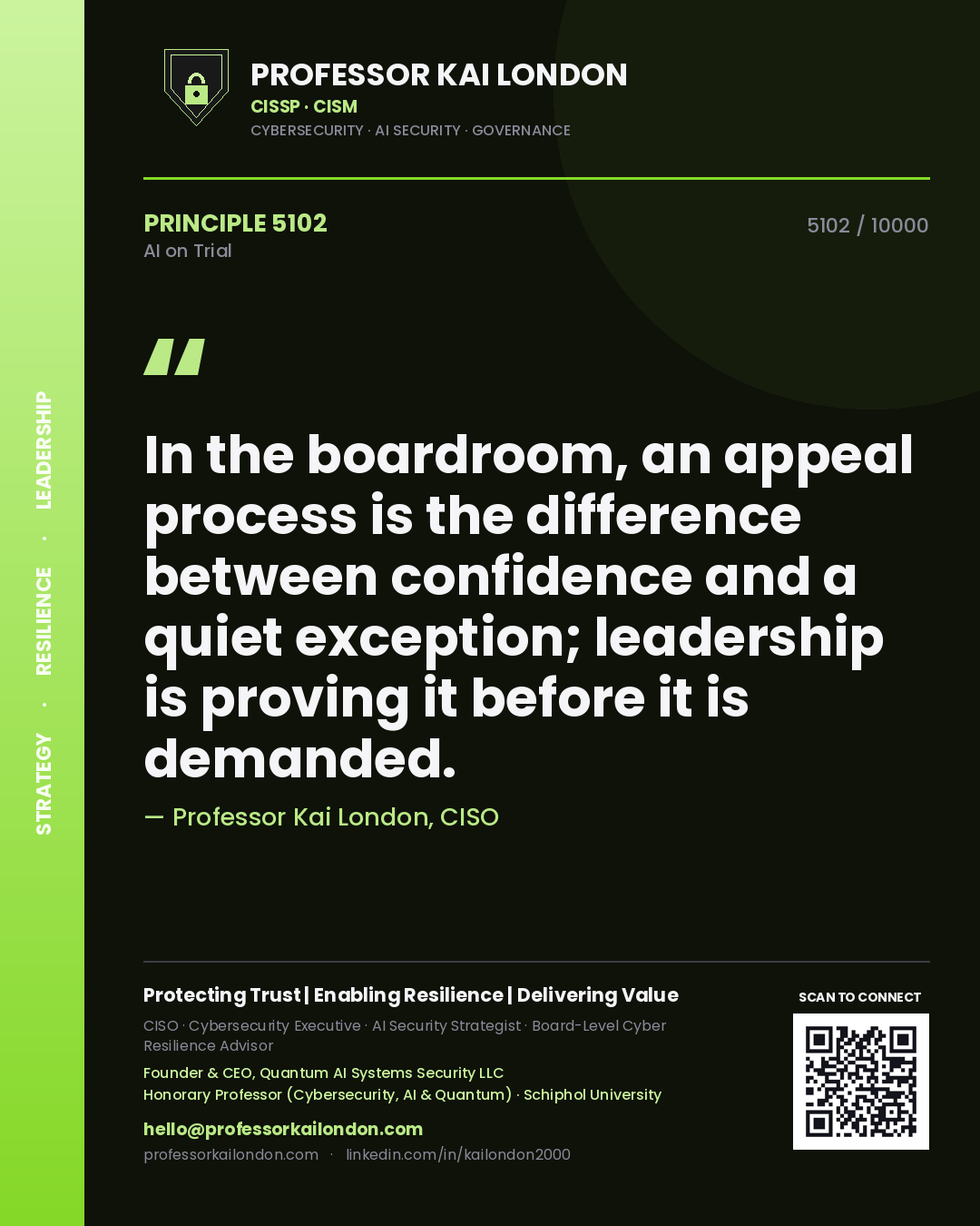 Quote card by Professor Kai London reading 'In the boardroom, an appeal process is the difference between confidence and a quiet exception; leadership is proving it before it is demanded.'. From the book AI on Trial.