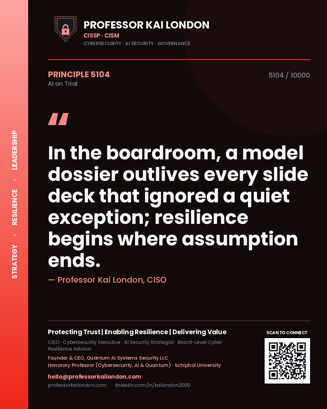 Quote card by Professor Kai London reading 'In the boardroom, a model dossier outlives every slide deck that ignored a quiet exception; resilience begins where assumption ends.'. From the book AI on Trial.