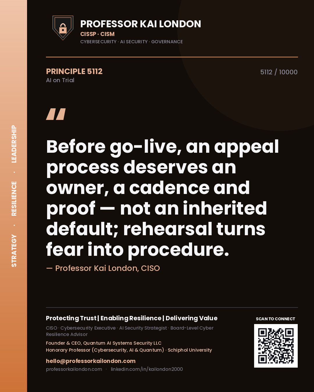 Quote card by Professor Kai London reading 'Before go-live, an appeal process deserves an owner, a cadence and proof — not an inherited default; rehearsal turns fear into procedure.'. From the book AI on Trial.