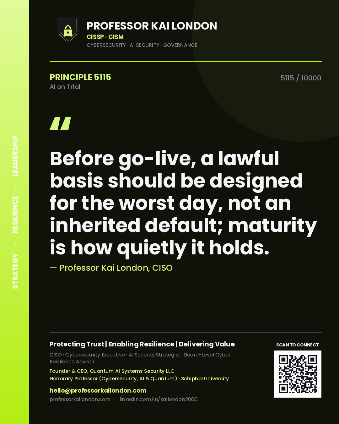 Quote card by Professor Kai London reading 'Before go-live, a lawful basis should be designed for the worst day, not an inherited default; maturity is how quietly it holds.'. From the book AI on Trial.