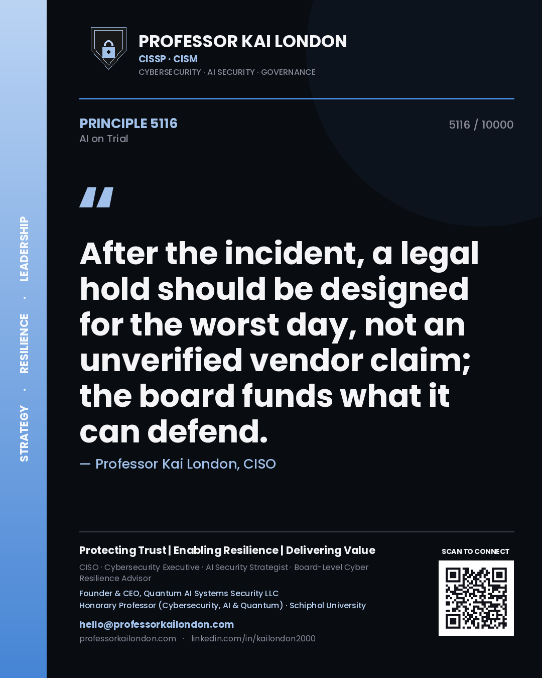 Professor Kai London principle 5116: After the incident, a legal hold should be designed for the worst day, not an unverified vendor claim; the board funds what it can defend.