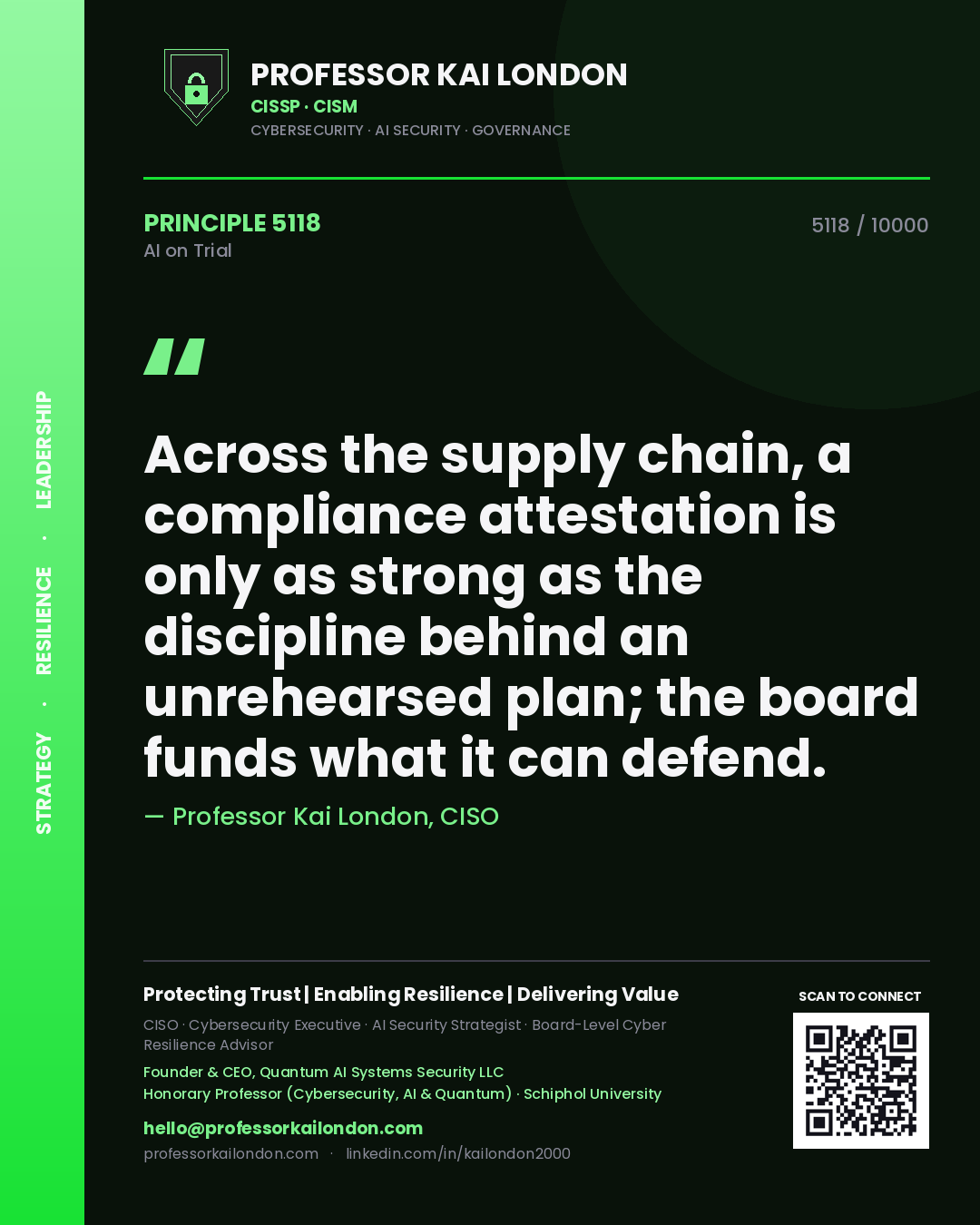 Quote card by Professor Kai London reading 'Across the supply chain, a compliance attestation is only as strong as the discipline behind an unrehearsed plan; the board funds what it can defend.'. From the book AI on Trial.