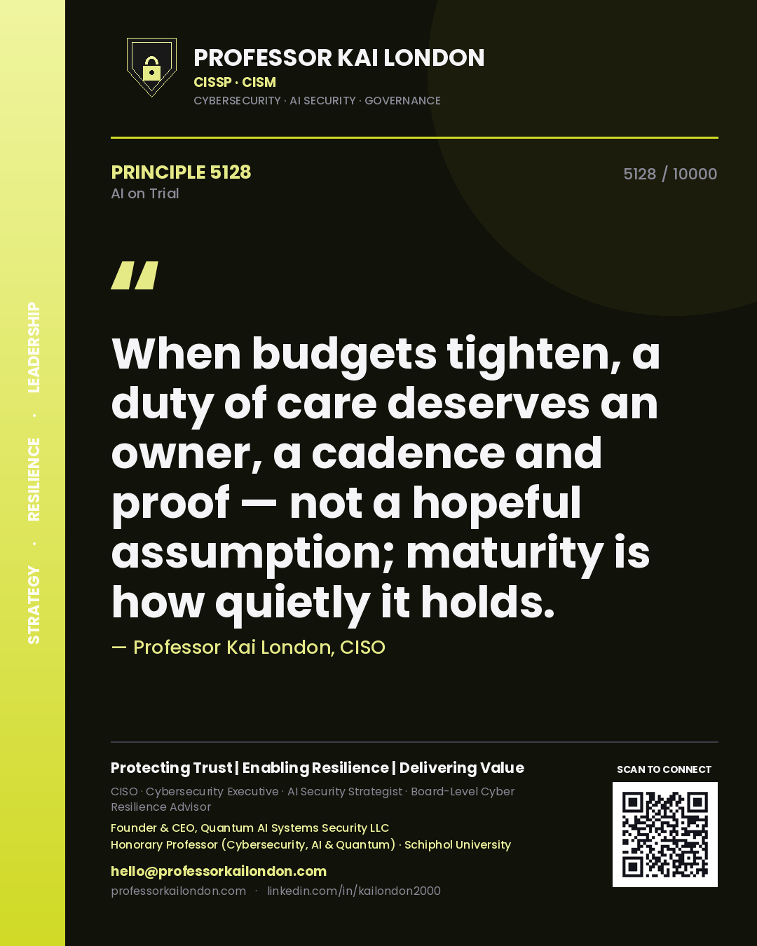 Quote card by Professor Kai London reading 'When budgets tighten, a duty of care deserves an owner, a cadence and proof — not a hopeful assumption; maturity is how quietly it holds.'. From the book AI on Trial.