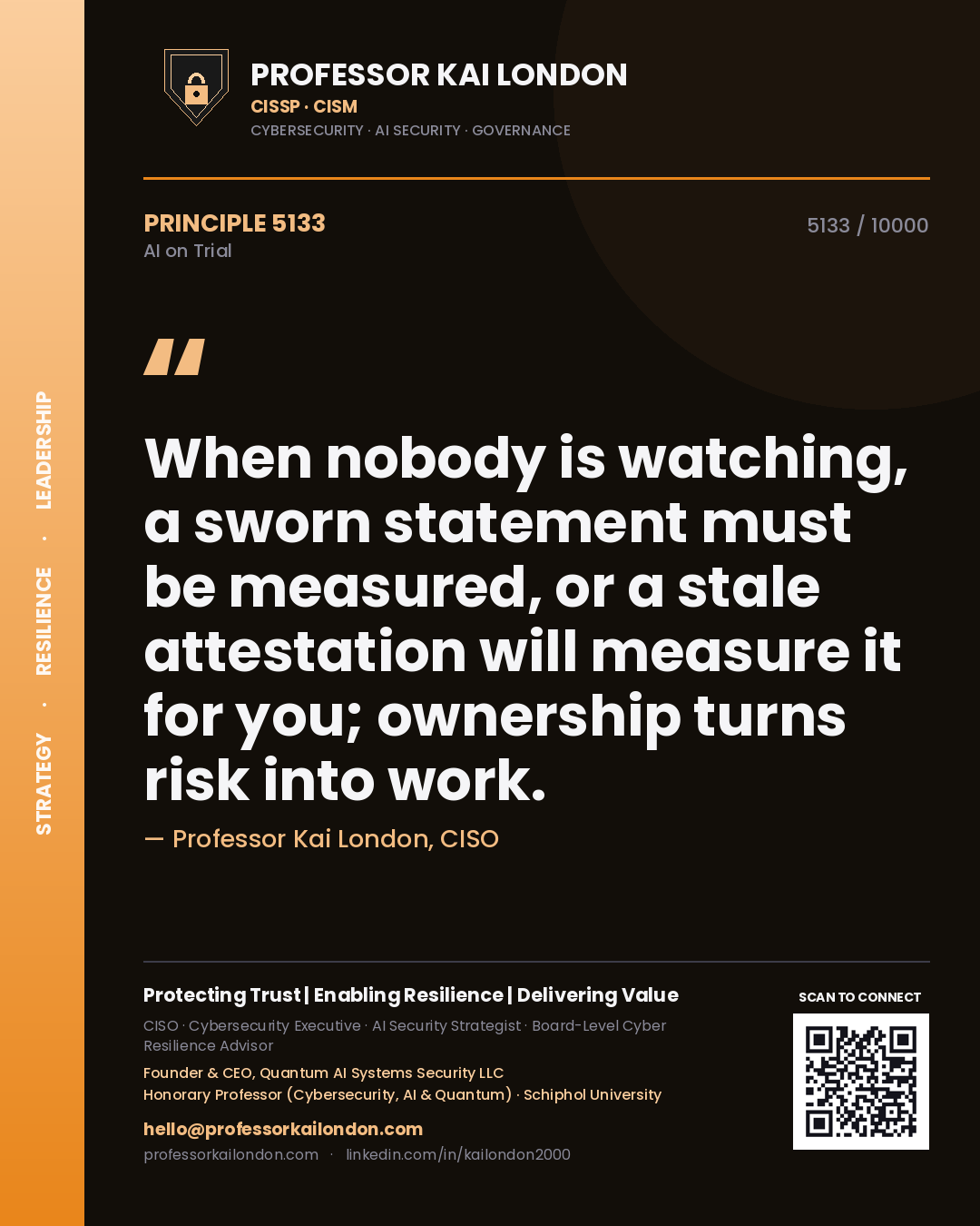 Professor Kai London principle 5133: When nobody is watching, a sworn statement must be measured, or a stale attestation will measure it for you; ownership turns risk into work.