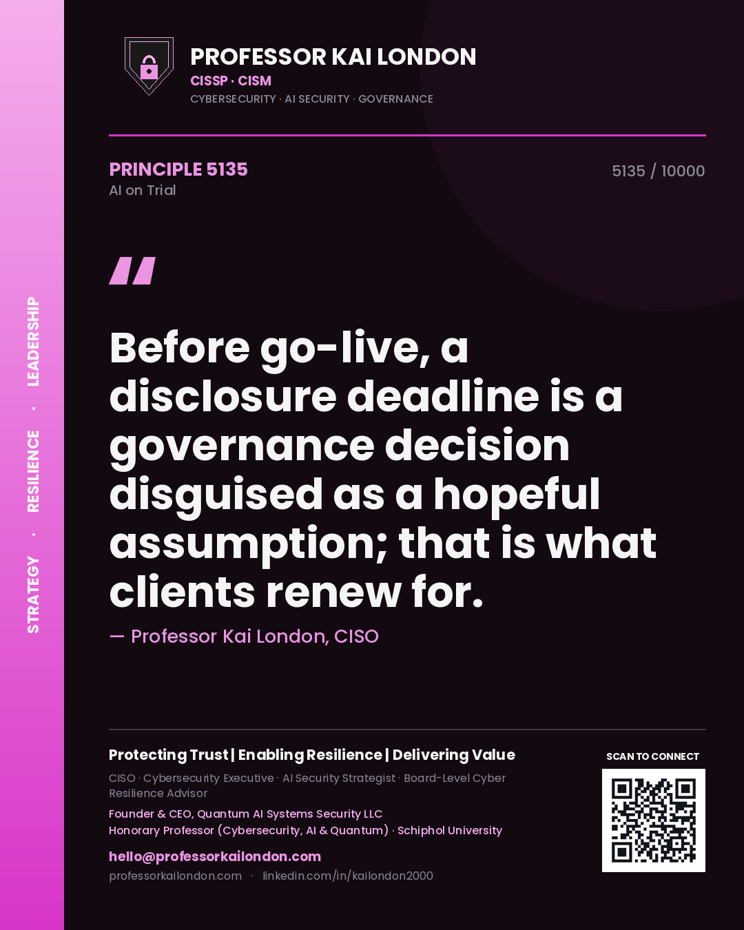 Professor Kai London principle 5135: Before go-live, a disclosure deadline is a governance decision disguised as a hopeful assumption; that is what clients renew for.