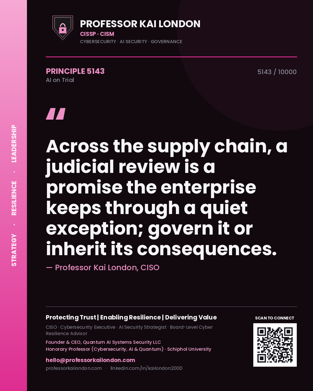 Professor Kai London principle 5143: Across the supply chain, a judicial review is a promise the enterprise keeps through a quiet exception; govern it or inherit its consequences.