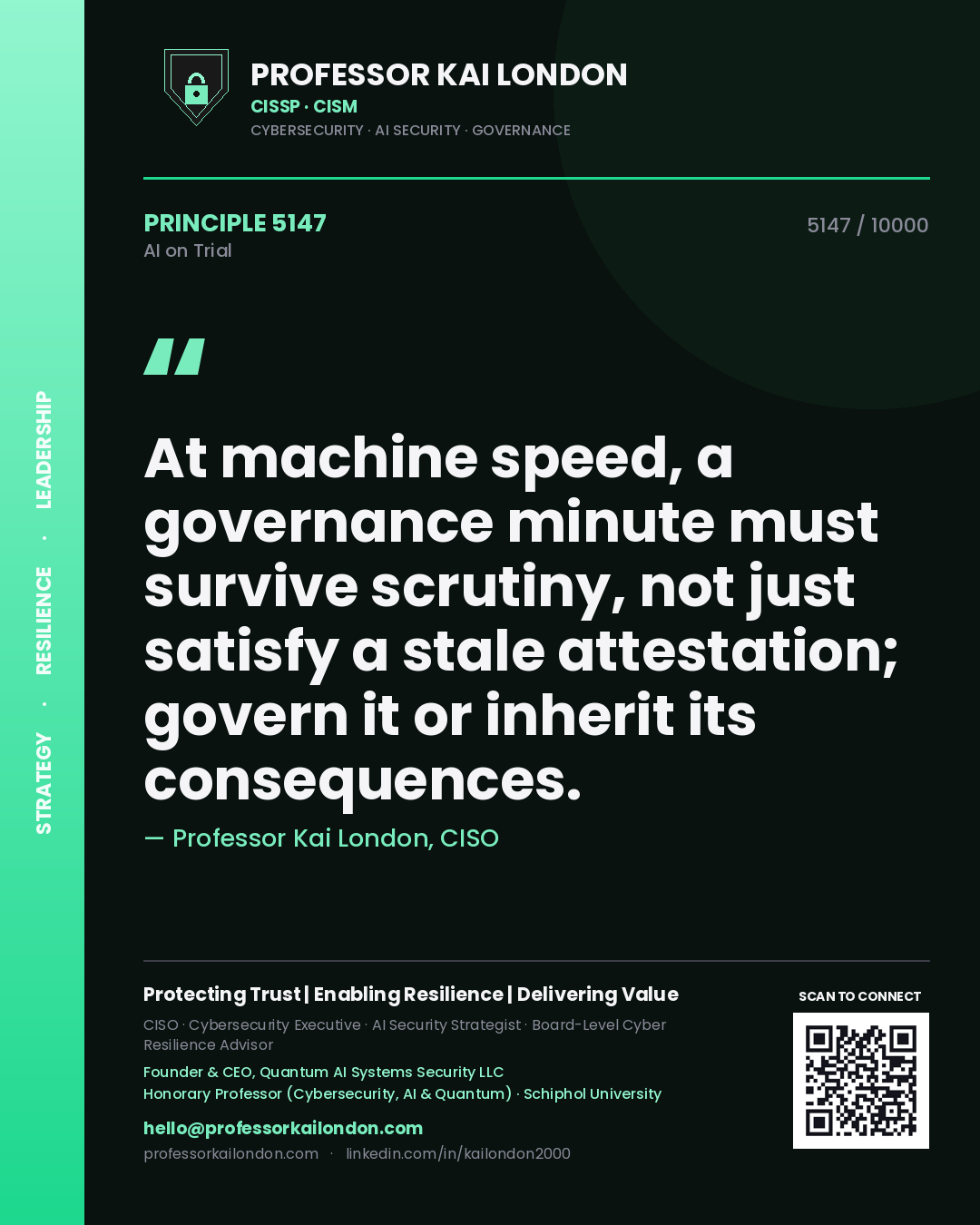 Professor Kai London principle 5147: At machine speed, a governance minute must survive scrutiny, not just satisfy a stale attestation; govern it or inherit its consequences.