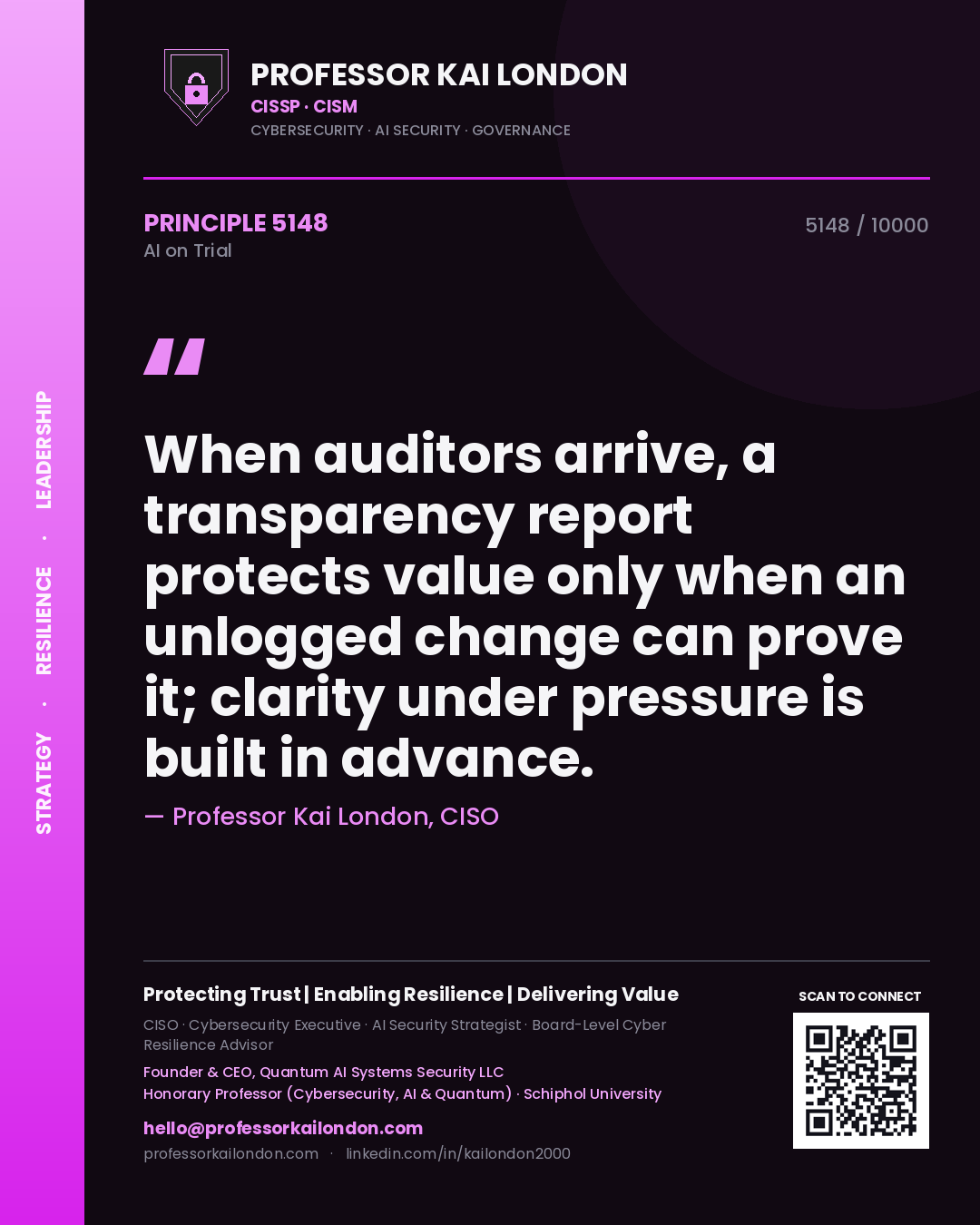 Professor Kai London principle 5148: When auditors arrive, a transparency report protects value only when an unlogged change can prove it; clarity under pressure is built in advance.
