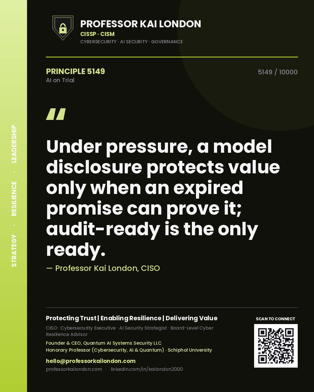 Quote card by Professor Kai London reading 'Under pressure, a model disclosure protects value only when an expired promise can prove it; audit-ready is the only ready.'. From the book AI on Trial.