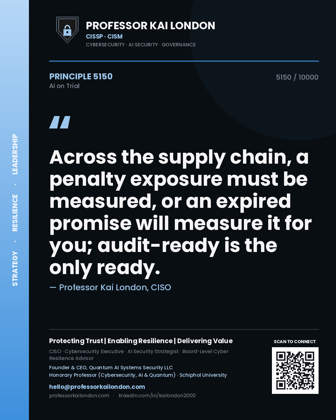 Quote card by Professor Kai London reading 'Across the supply chain, a penalty exposure must be measured, or an expired promise will measure it for you; audit-ready is the only ready.'. From the book AI on Trial.