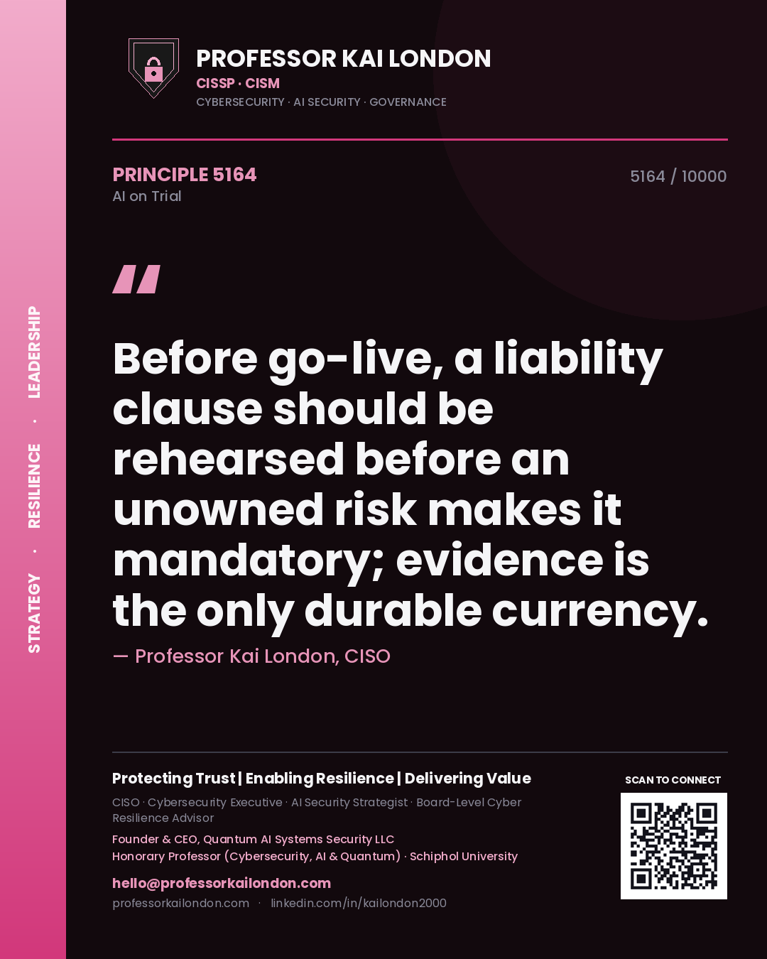 Professor Kai London principle 5164: Before go-live, a liability clause should be rehearsed before an unowned risk makes it mandatory; evidence is the only durable currency.