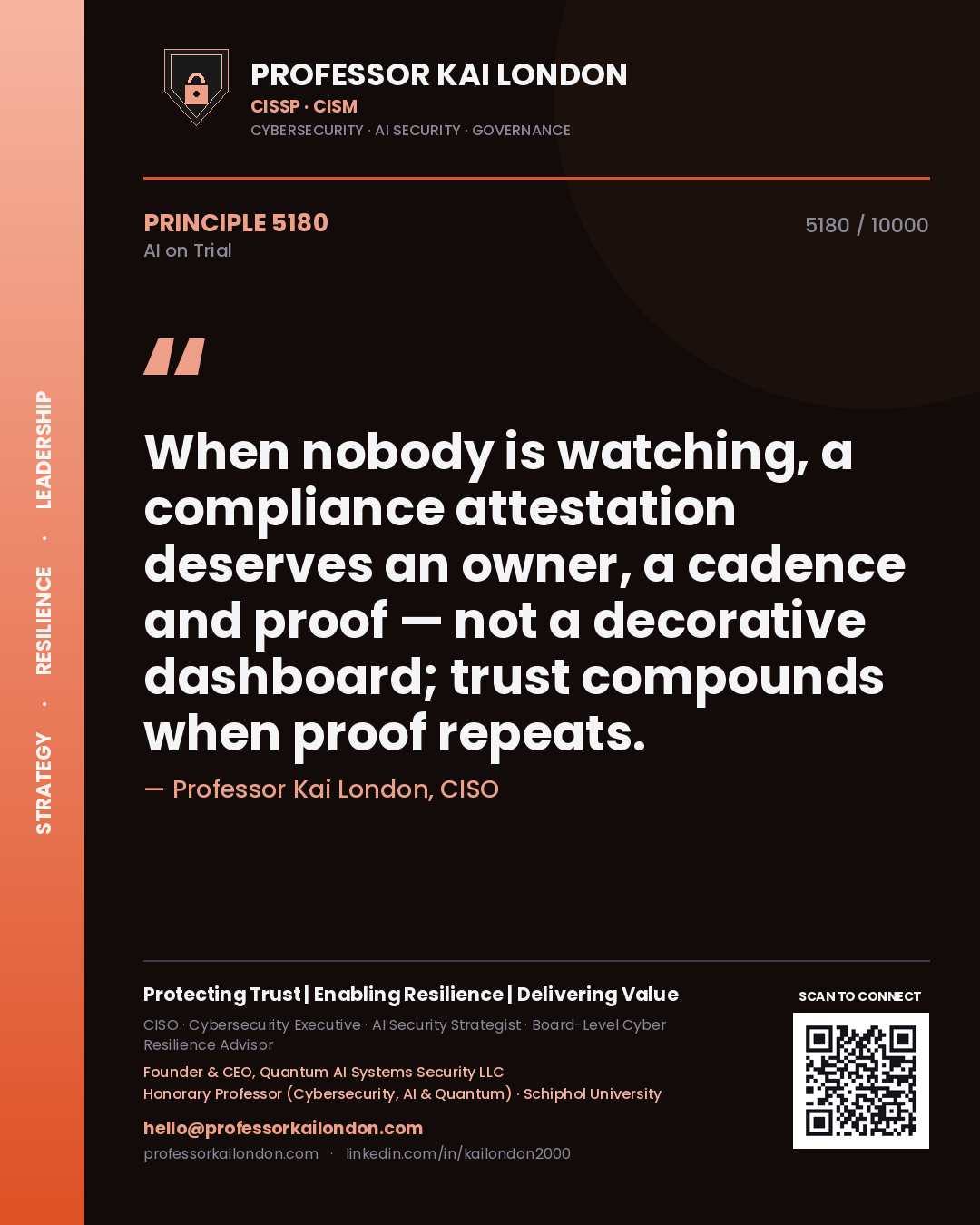 Quote card by Professor Kai London reading 'When nobody is watching, a compliance attestation deserves an owner, a cadence and proof — not a decorative dashboard; trust compounds when proof repeats.'. From the book AI on Trial.