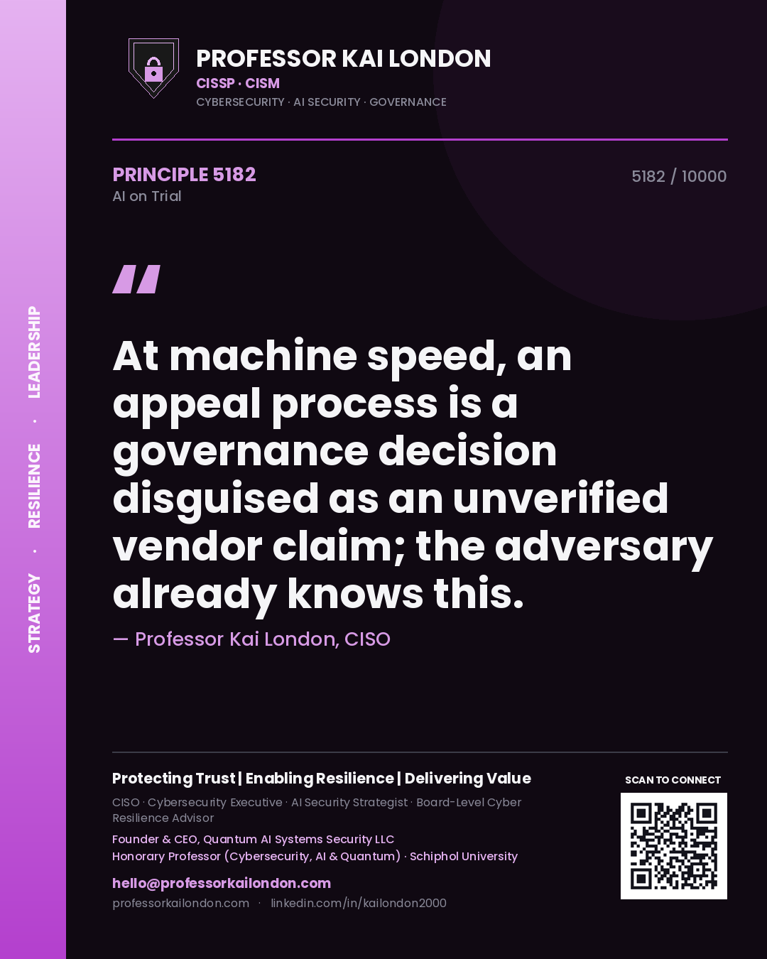 Professor Kai London principle 5182: At machine speed, an appeal process is a governance decision disguised as an unverified vendor claim; the adversary already knows this.