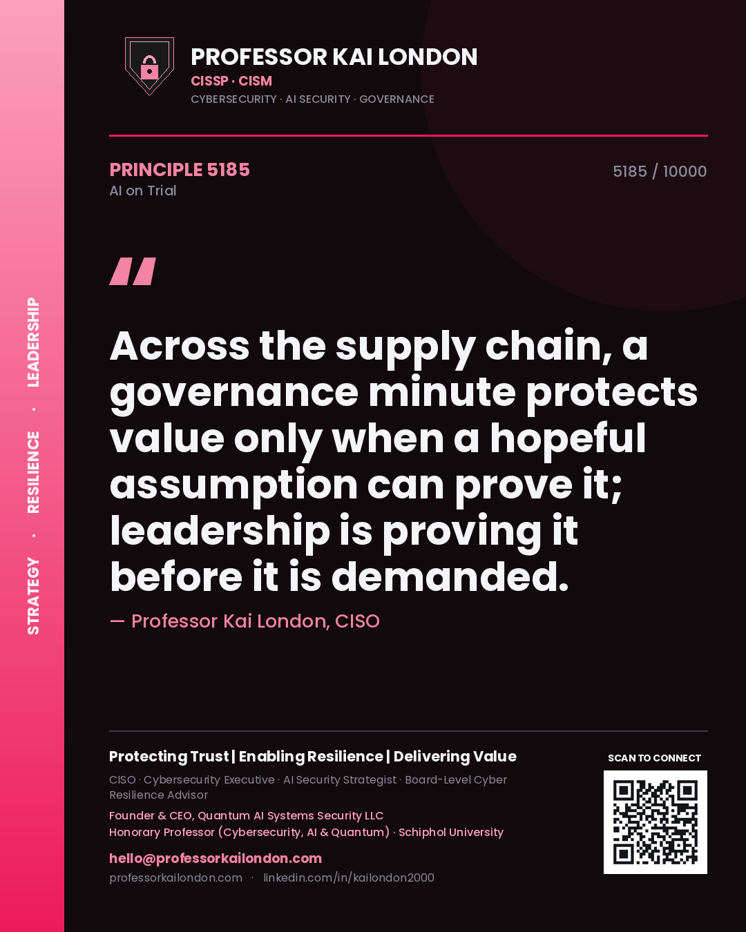 Professor Kai London principle 5185: Across the supply chain, a governance minute protects value only when a hopeful assumption can prove it; leadership is proving it before it is demanded.