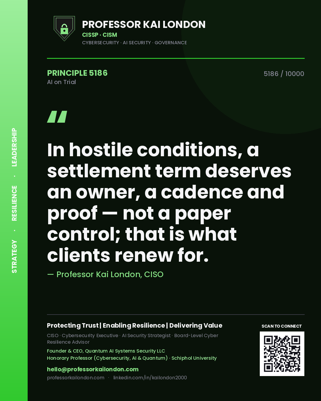 Professor Kai London principle 5186: In hostile conditions, a settlement term deserves an owner, a cadence and proof — not a paper control; that is what clients renew for.