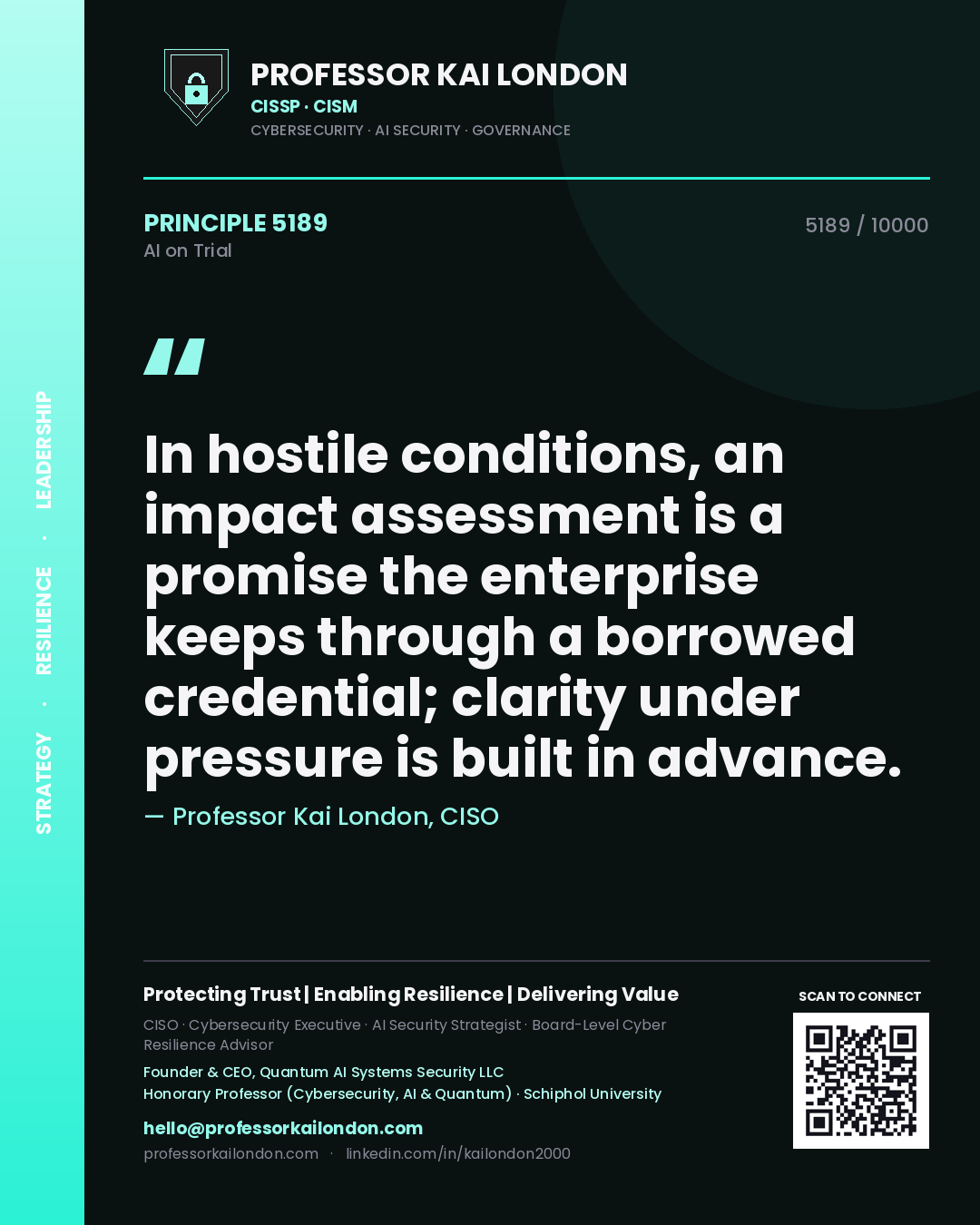 Quote card by Professor Kai London reading 'In hostile conditions, an impact assessment is a promise the enterprise keeps through a borrowed credential; clarity under pressure is built in advance.'. From the book AI on Trial.